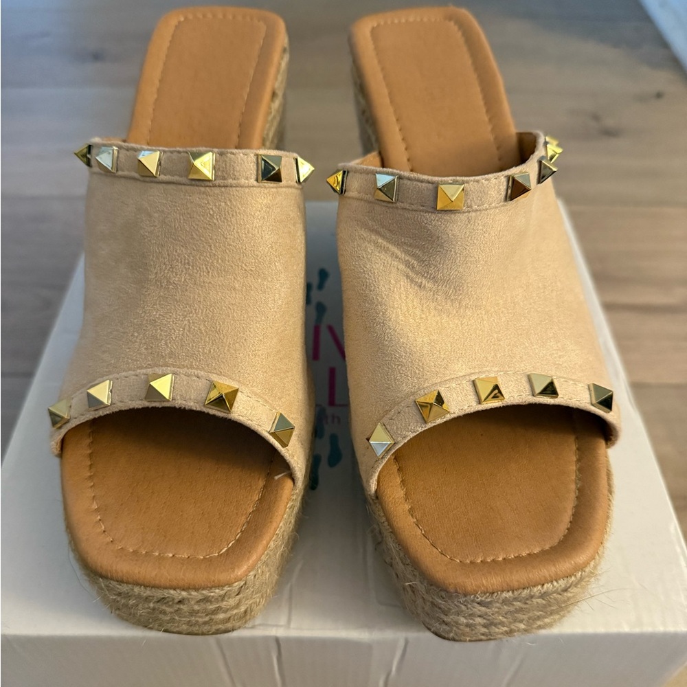 Olivia Miller Gold Studded Tan Mules